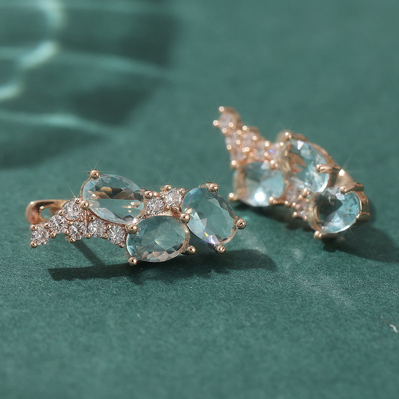 Aqua Blue Oval Crystal Stud Earrings Rose Gold Tone Brass Women Elegant Party Fashion Jewelry