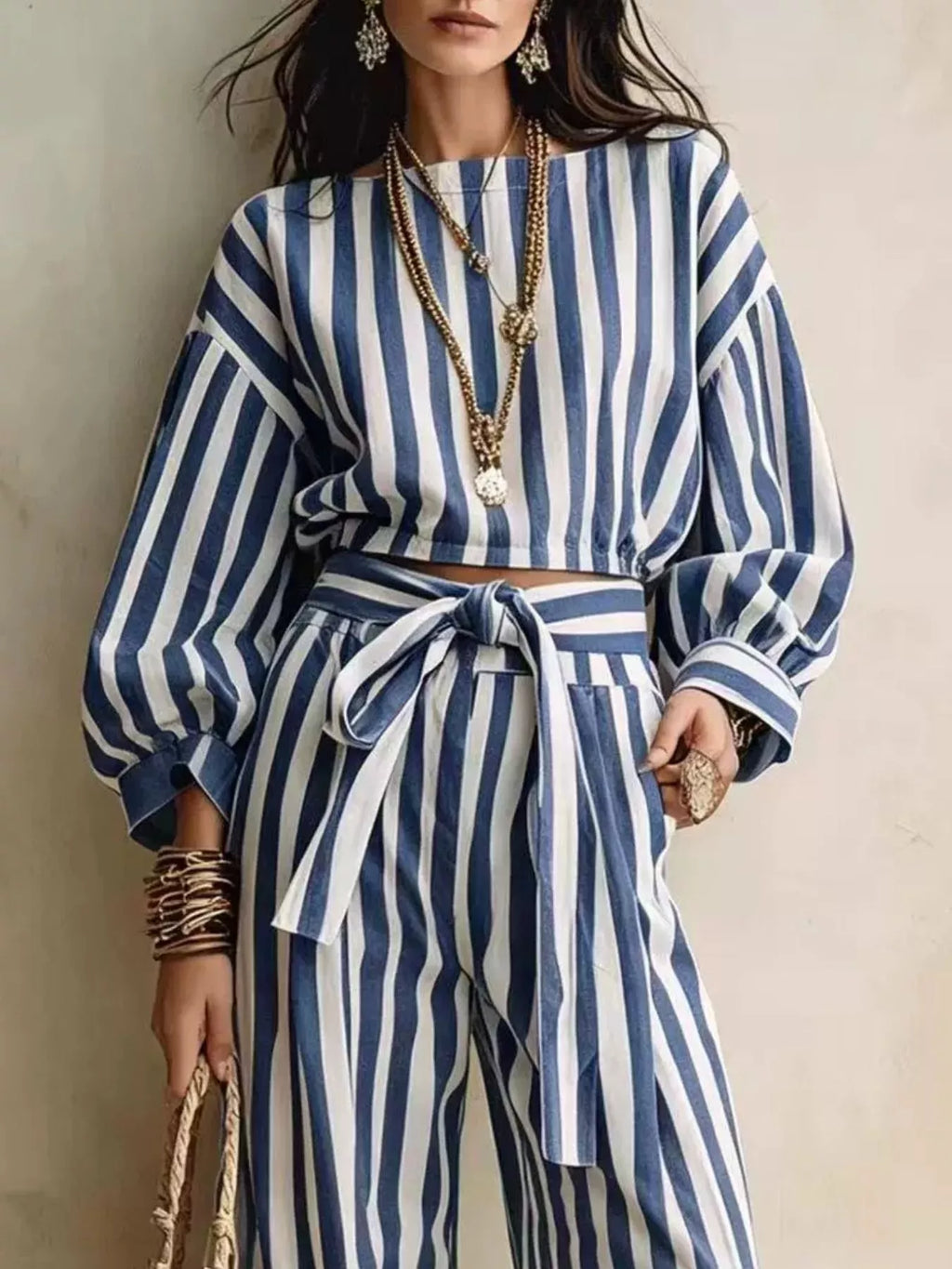 Striped Long Sleeve Top and Pants Two-Piece Set