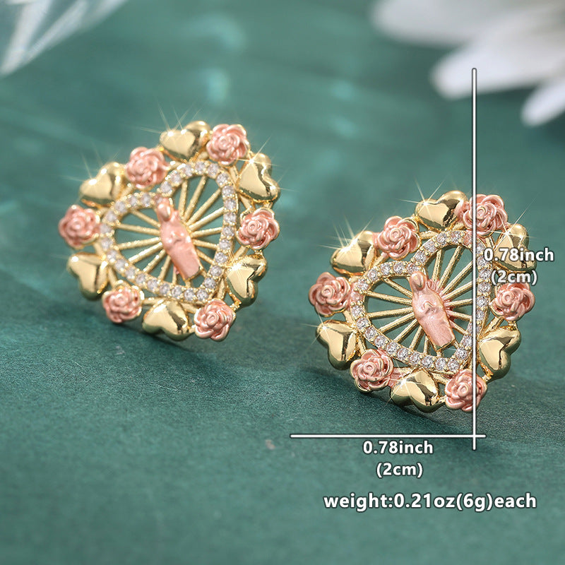 Vintage Floral Heart Cameo Hoop Earrings Gold Tone Brass Women Romantic Party Fashion Jewelry Elegant
