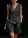Womens Simple Elegant Cotton-Linen Vest Top And Shorts Two-Piece Set