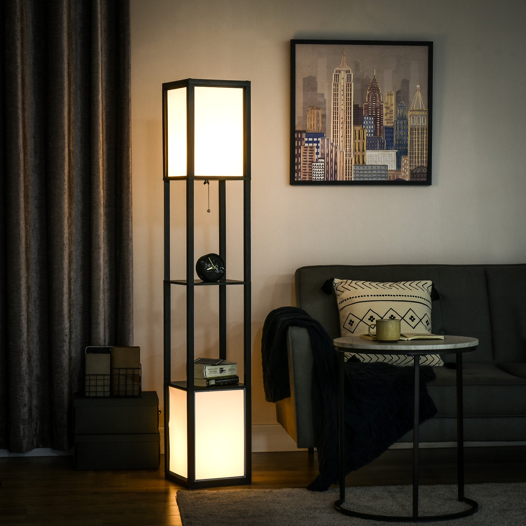 Boho Shelf Floor Lamp with Dual Fabric Shades & Built-In Storage Shelves