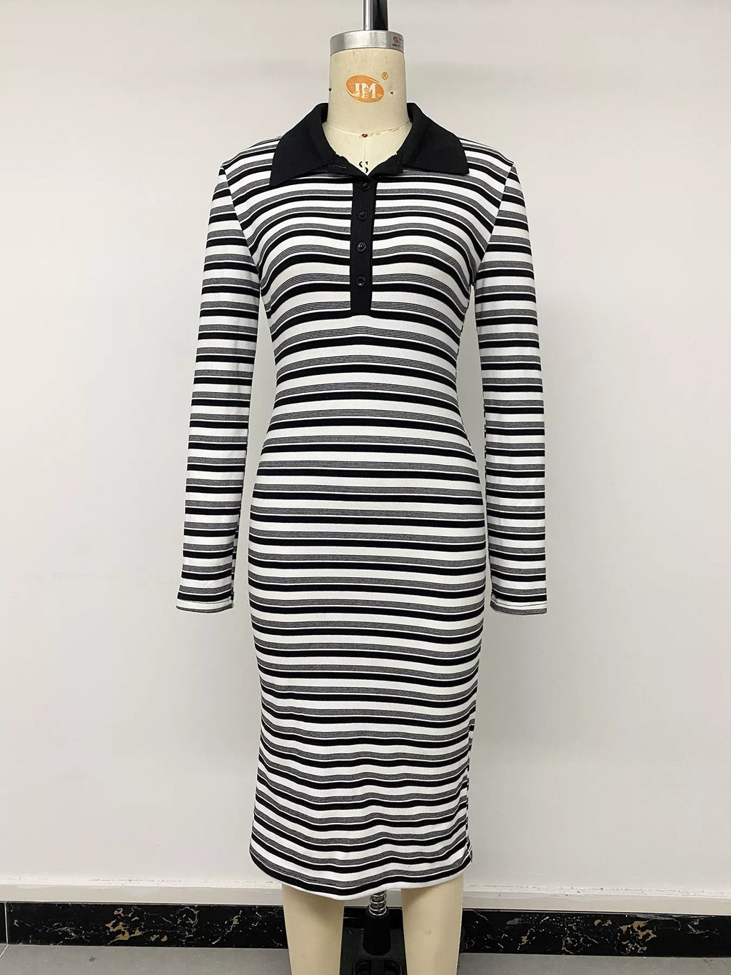 Striped Polo Collar Midi Dress – Black