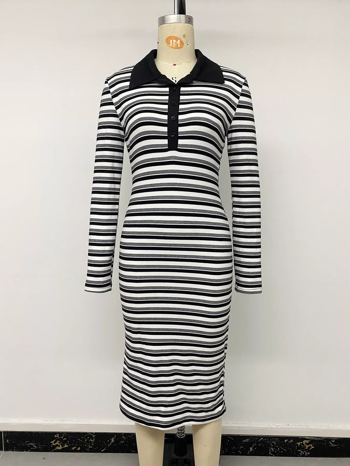 Striped Polo Collar Midi Dress – Black