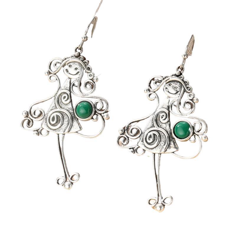 Vintage Woman Silhouette Drop Earrings Silver Tone Brass Green Stone Artistic Boho Daily Fashion Jewelry
