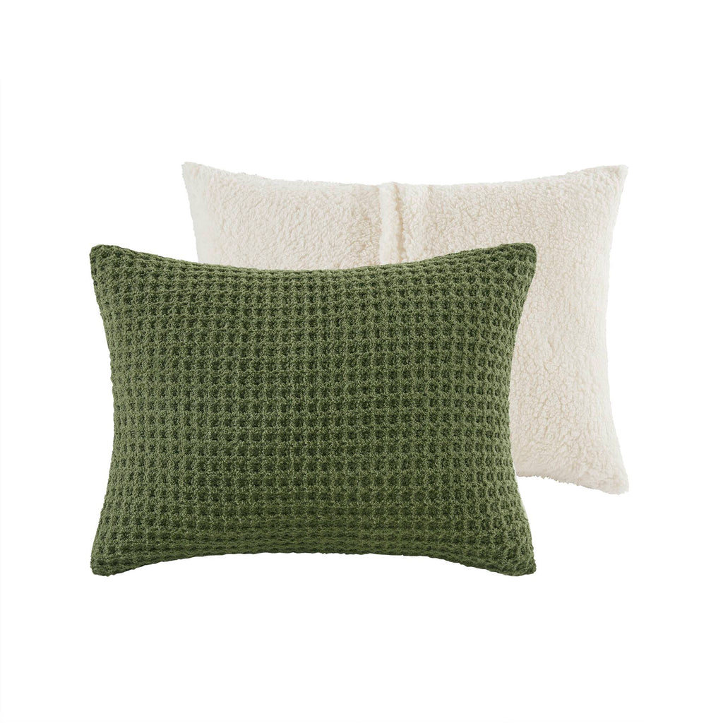 3 Pieces Full/Queen Waffle Knit Chenille Comforter Set - Olive