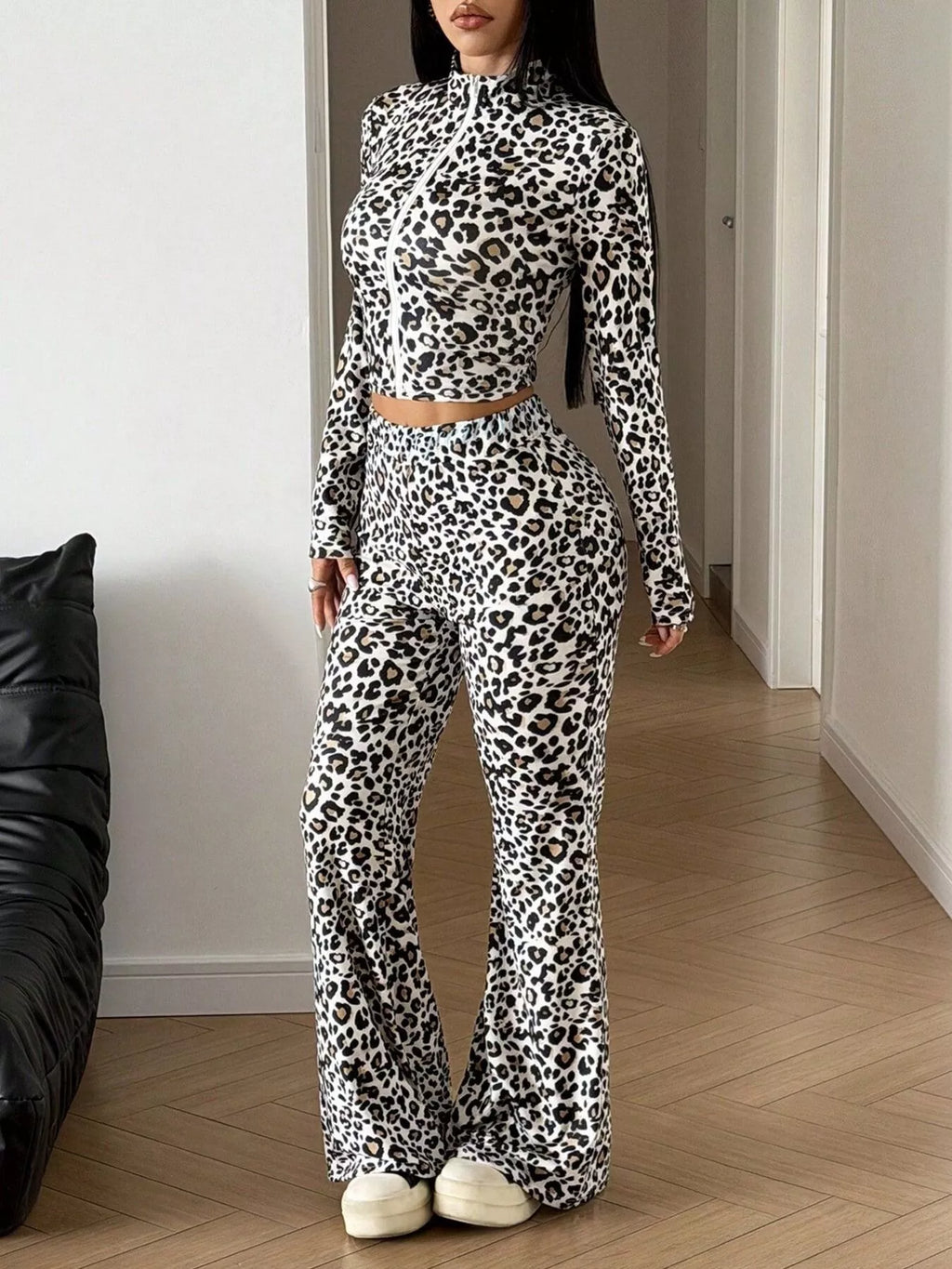 Leopard Print Zip-Up Crop Top and Flared Pants Two-Piece Set
