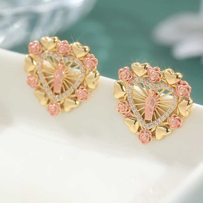 Vintage Floral Heart Cameo Hoop Earrings Gold Tone Brass Women Romantic Party Fashion Jewelry Elegant