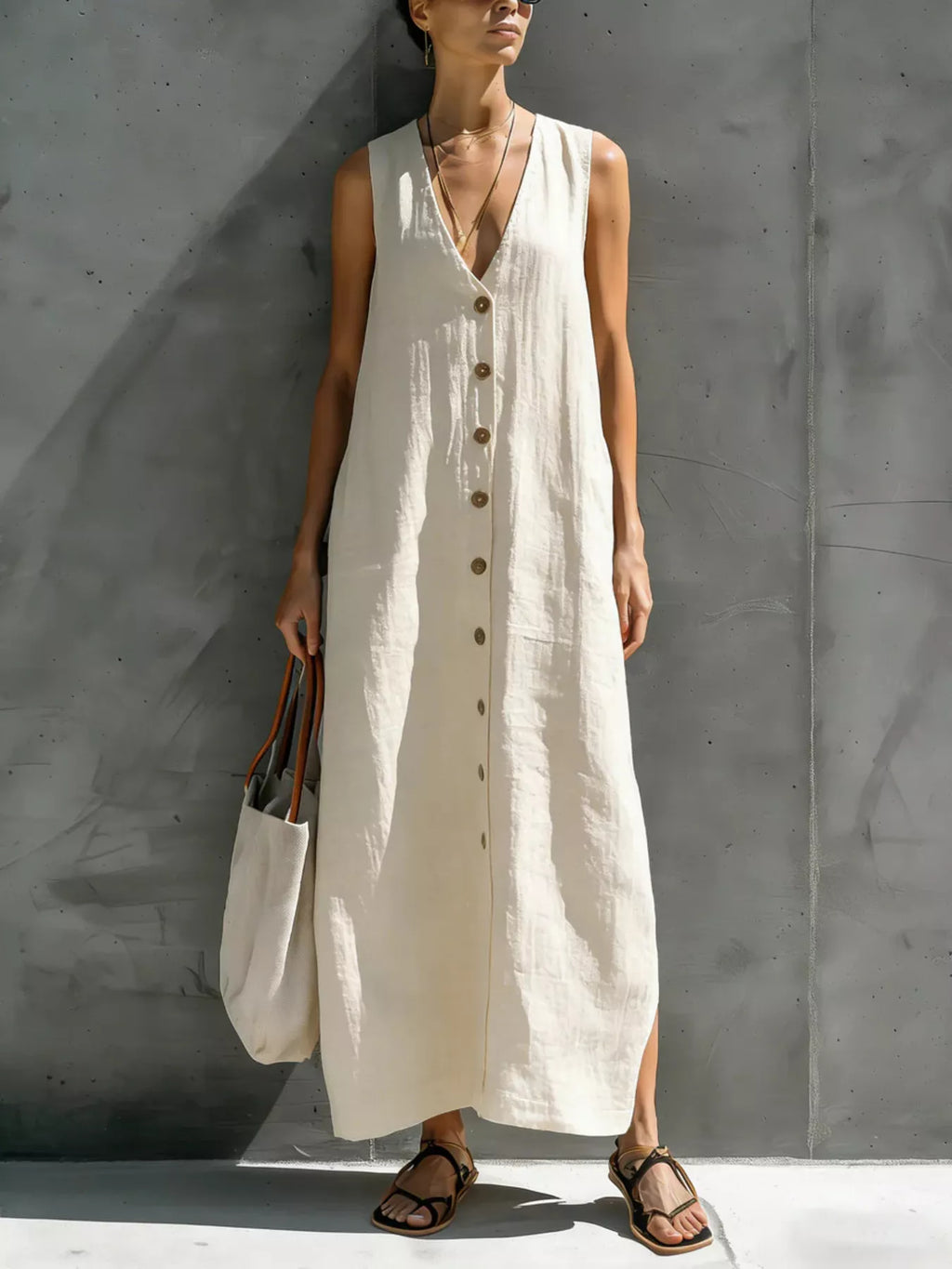 Full Size Sleeveless V-Neck Button-Down Linen Maxi Dress Plus Size