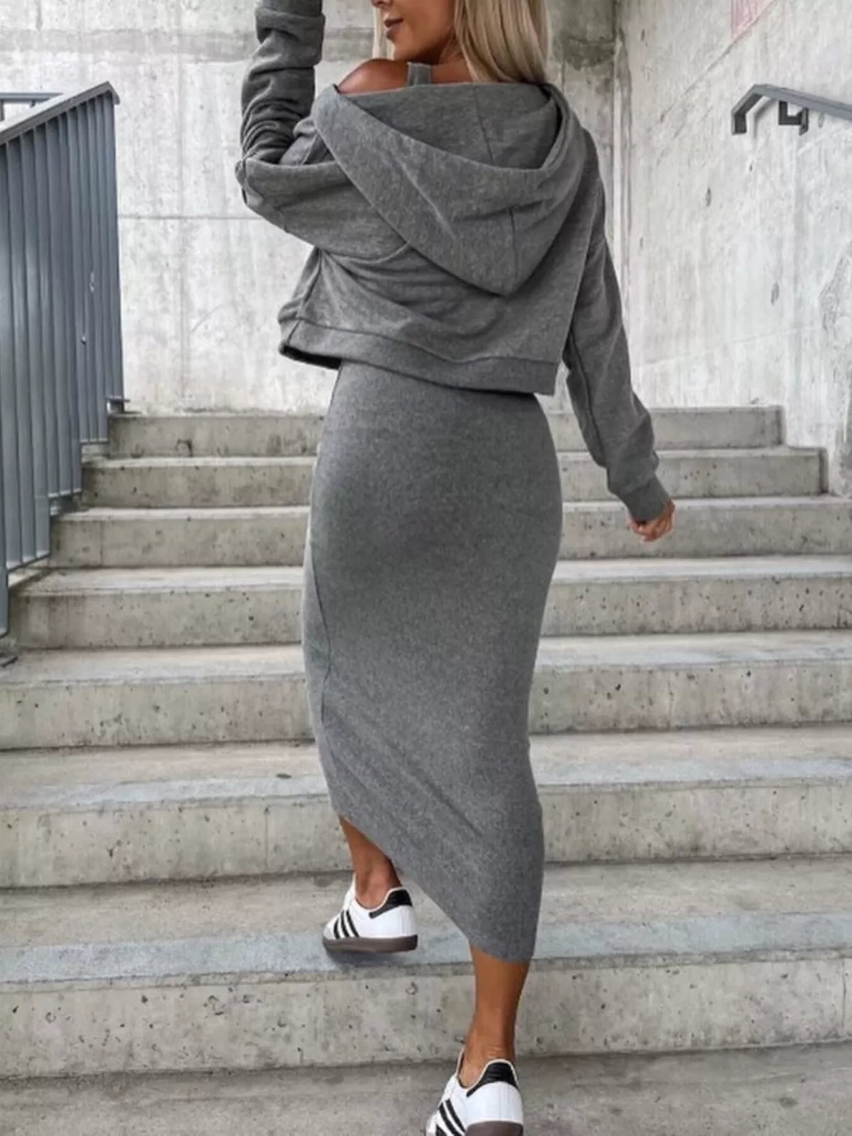 Solid Color Tank Dress and V-Neck Hoodie Set