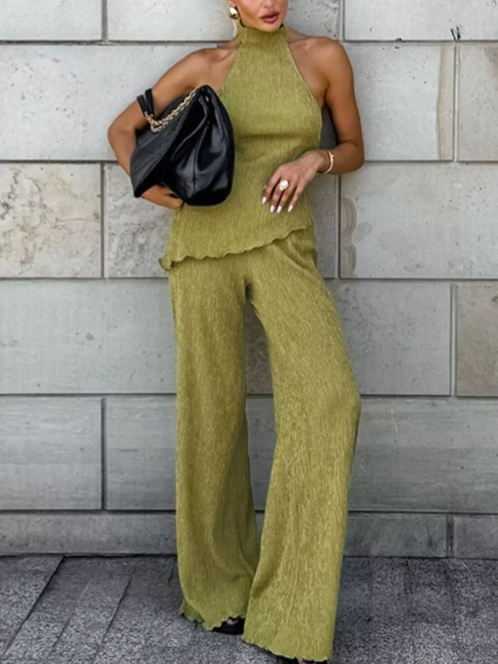Sleeveless Top and Wide-Leg Pants Two-Piece Set – Green / Khaki