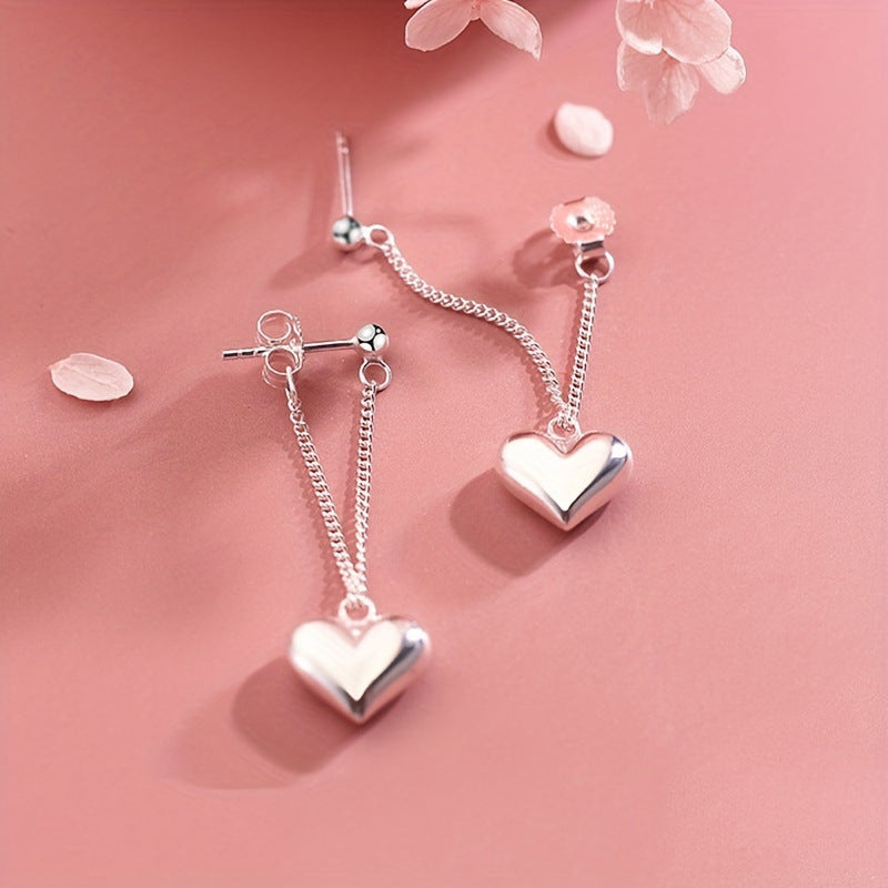 Minimalist Heart Chain Drop Earrings Silver Tone Brass Women Romantic Daily Party Fashion Jewelry Elegant