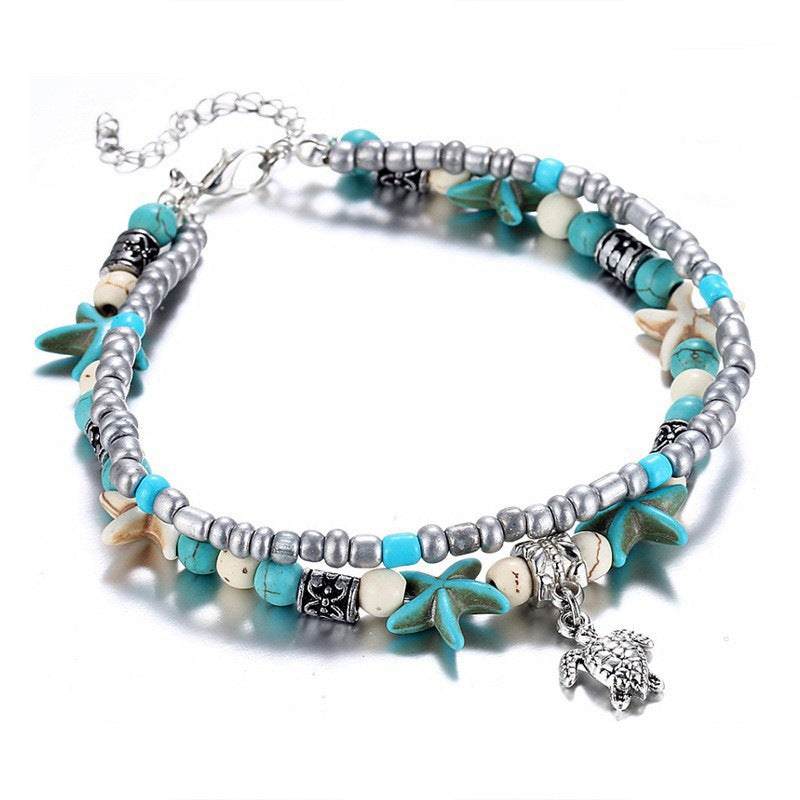 Retro Rice Grain Pearl Turtle Scallop Alloy Pendant Anklet