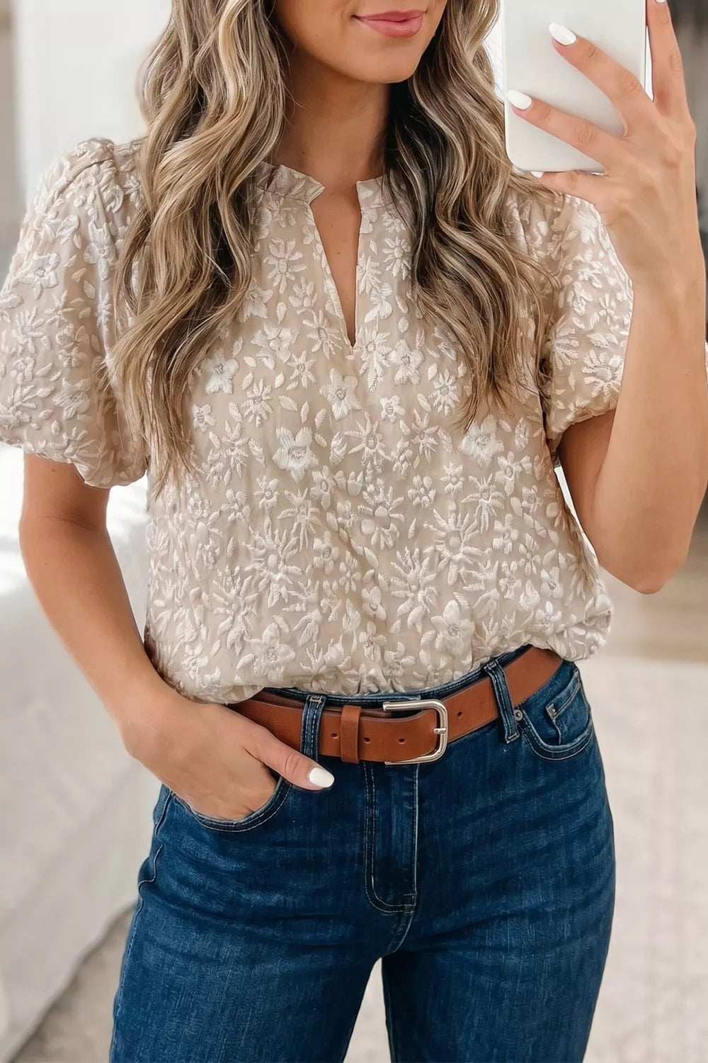 Floral Textured Jacquard Puff Sleeve Blouse
