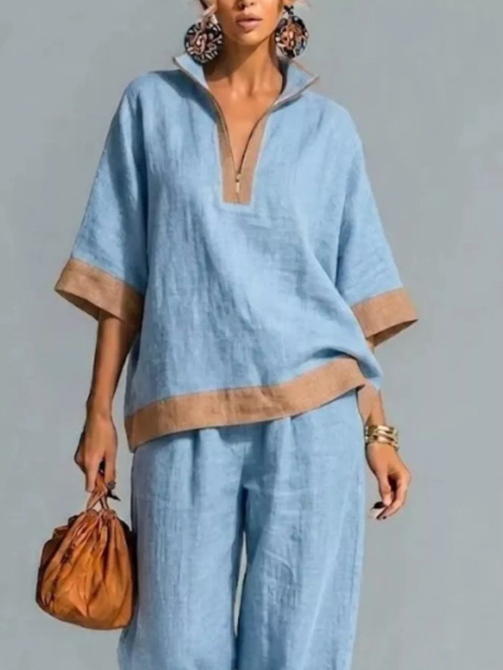 Full Size Contrast Trim Top and Wide Leg Pants Set Plus Size