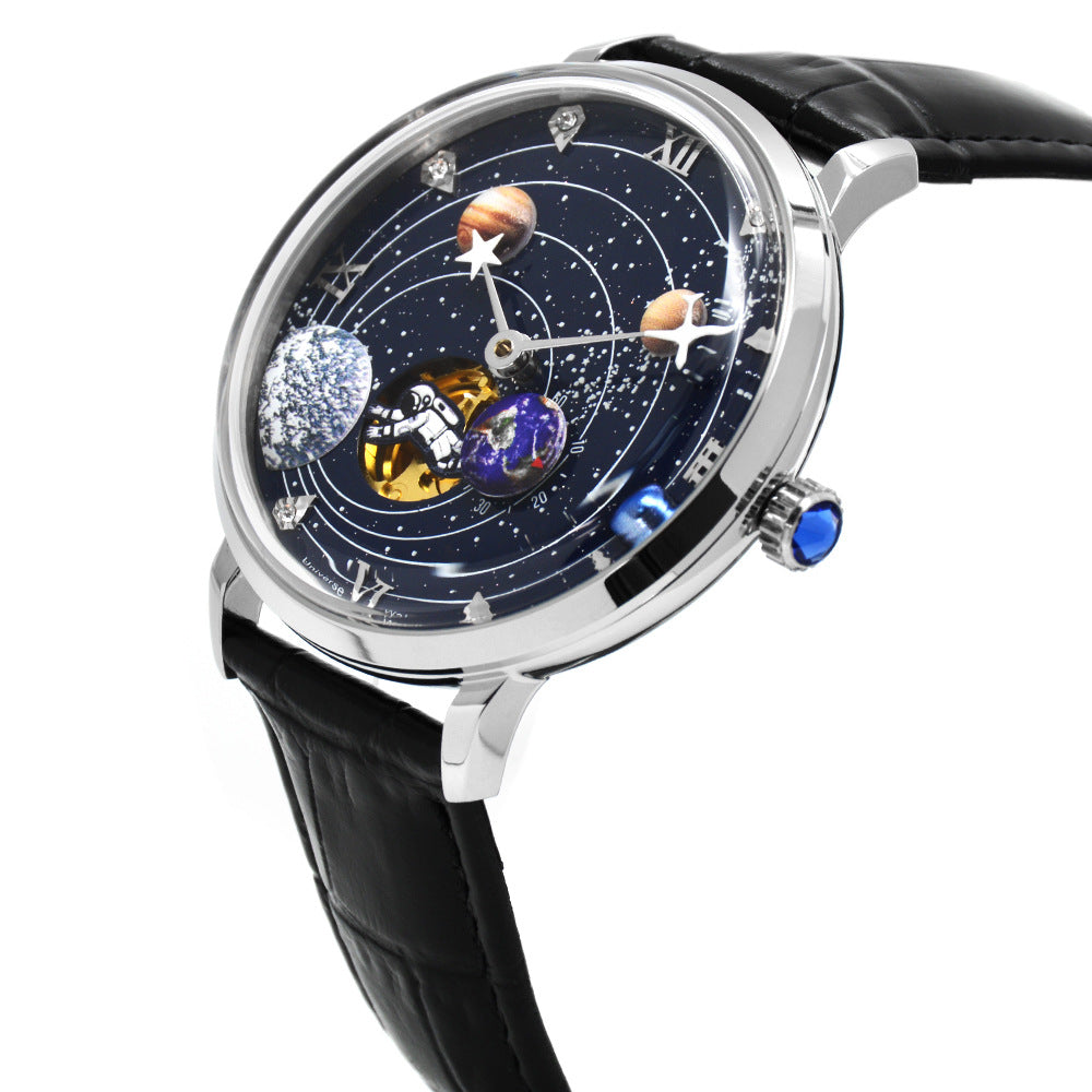 Mens Mechanical Watch With A Hollowed-out Design And Leather Strap