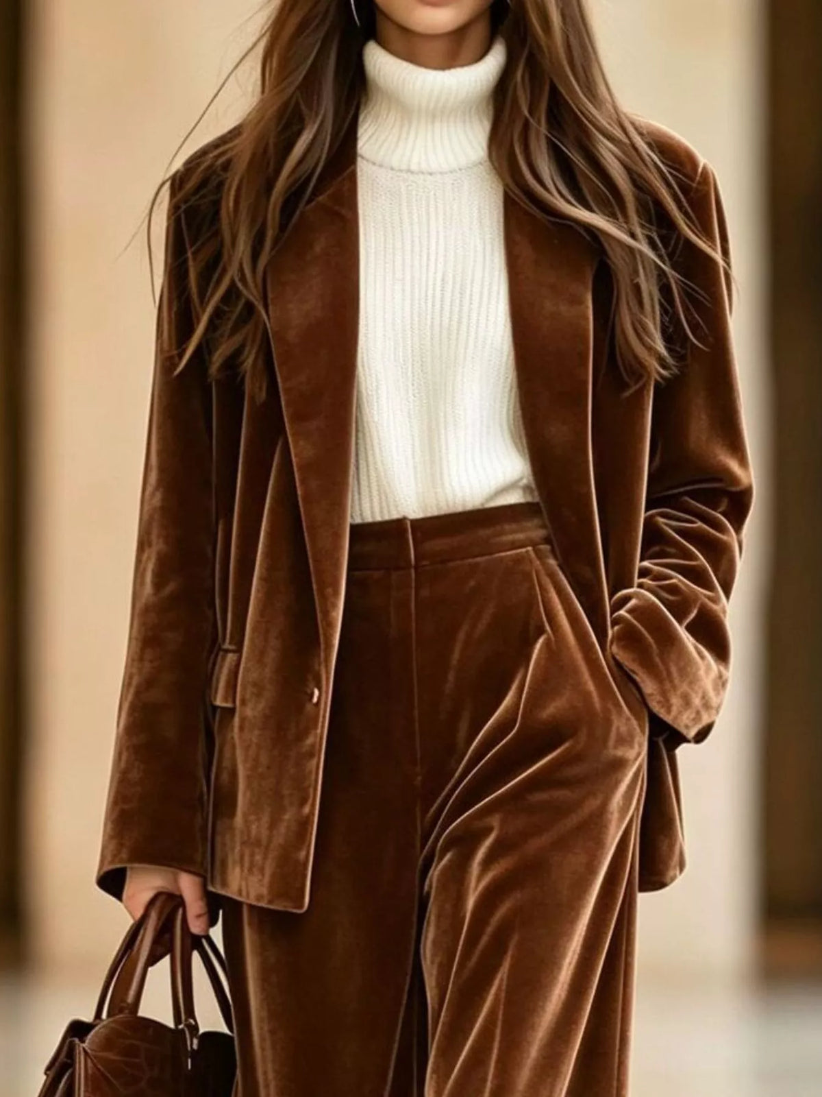 Velvet Blazer and Wide-Leg Pants Two-Piece Set
