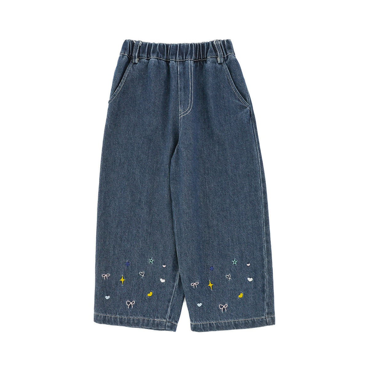 Embroidered Elastic-Waist Kids Wide-Leg Denim Trousers