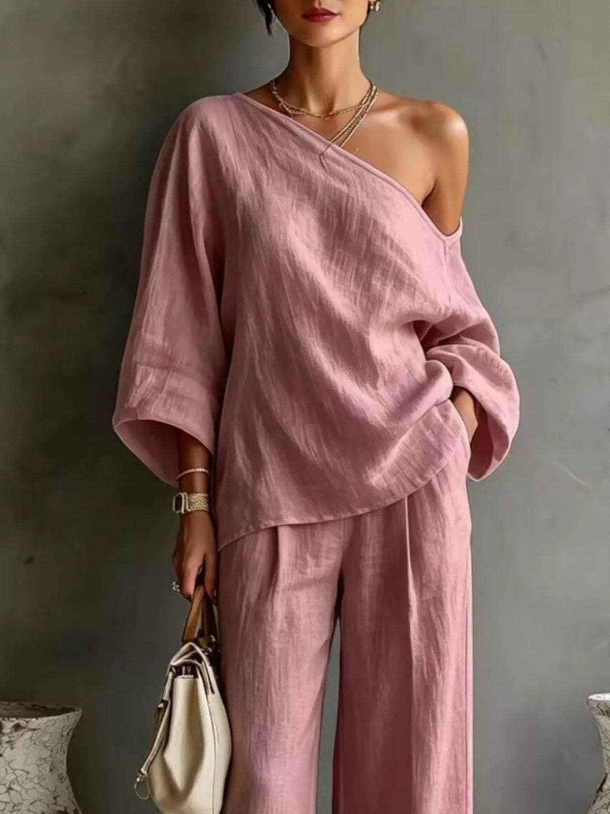One Shoulder Top and Wide Leg Pants Set