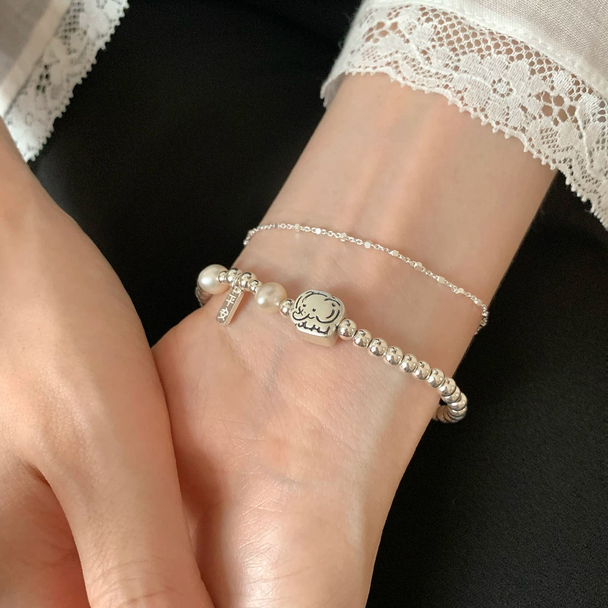 Women New Simple Cute Elephant Pearl Spliced Elastic Beaded Bracelet, Lovely Peace Small Tag Versatile Personalized Wrist Jewelry