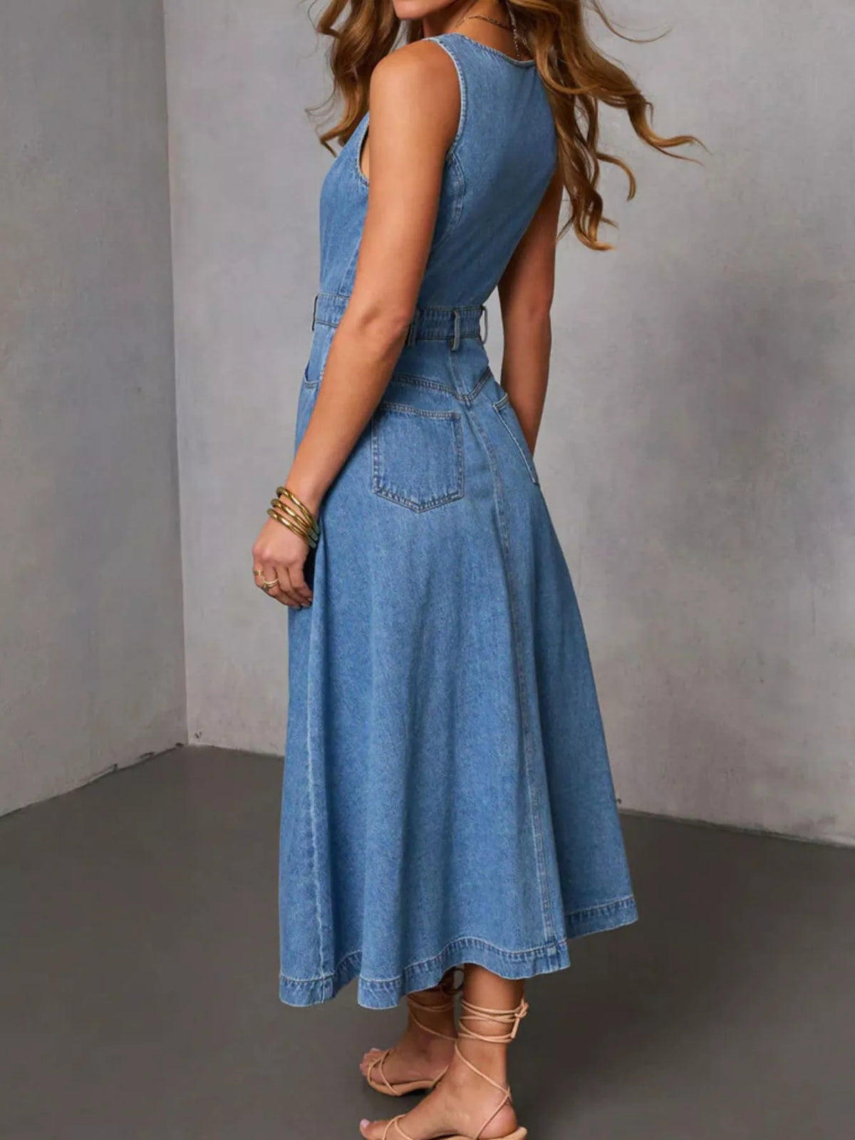 Sleeveless Button-Down Denim Midi Dress