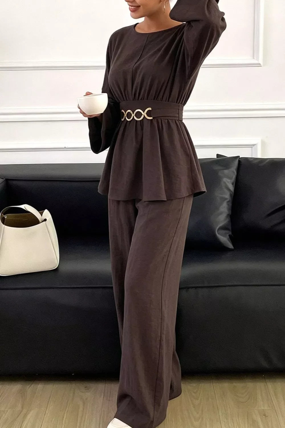Metal Chain Waist Detail Top and Pants Set