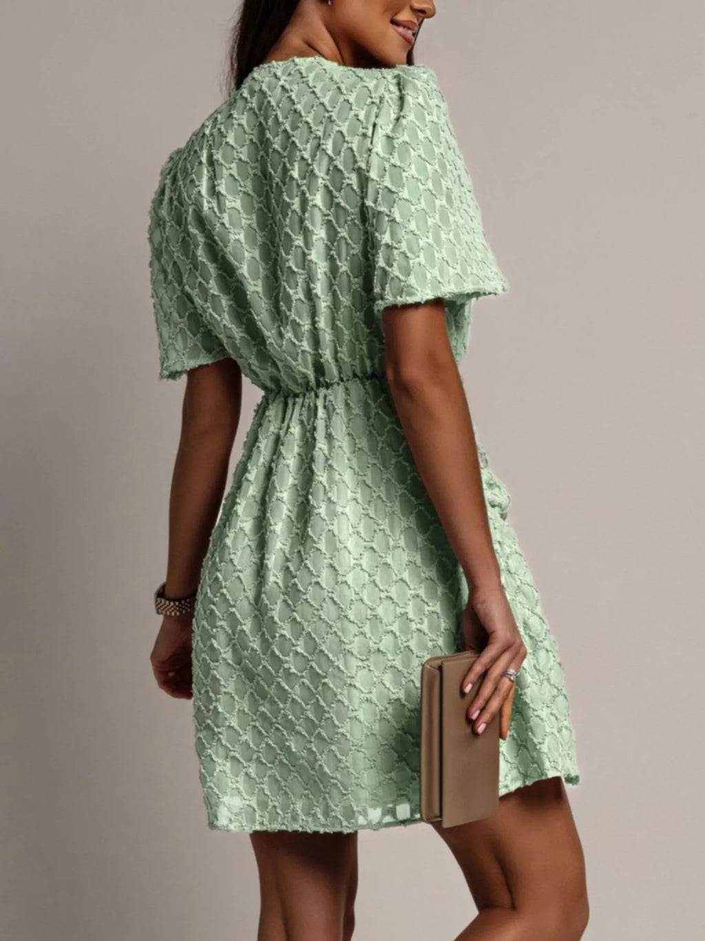 Textured V-Neck Ruched Mini Dress