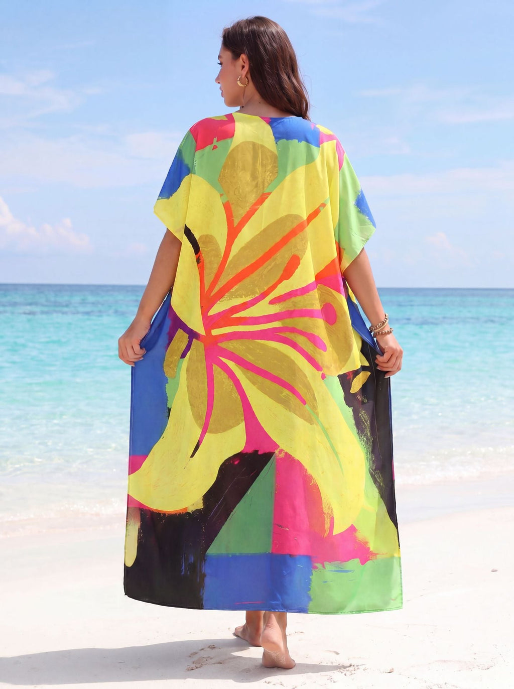 Women Flower Print Kaftan Dresses Plus Size Side Open Loungewear