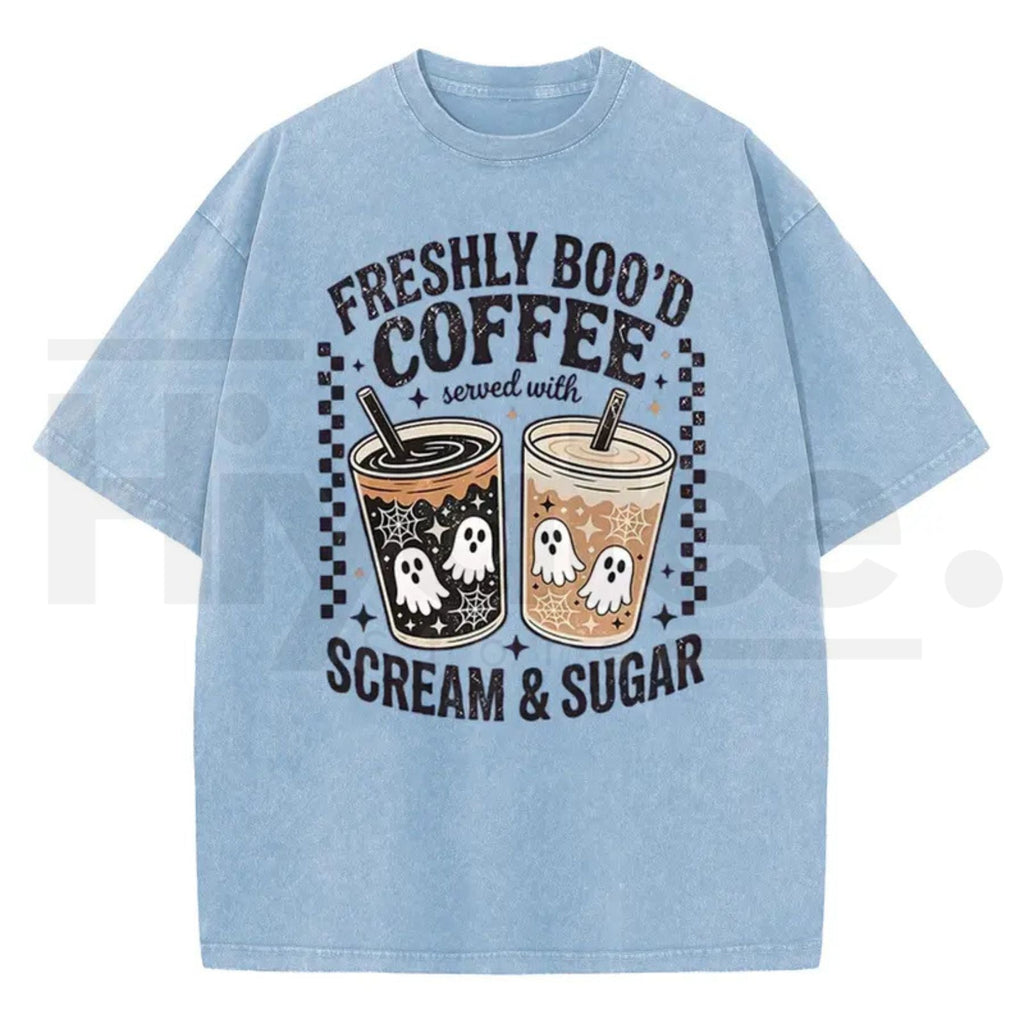 Holafish Funny Scream & Sugar Ghost Coffee T-Shirt – Retro Washed Oversized Fall Graphic Cotton Tee