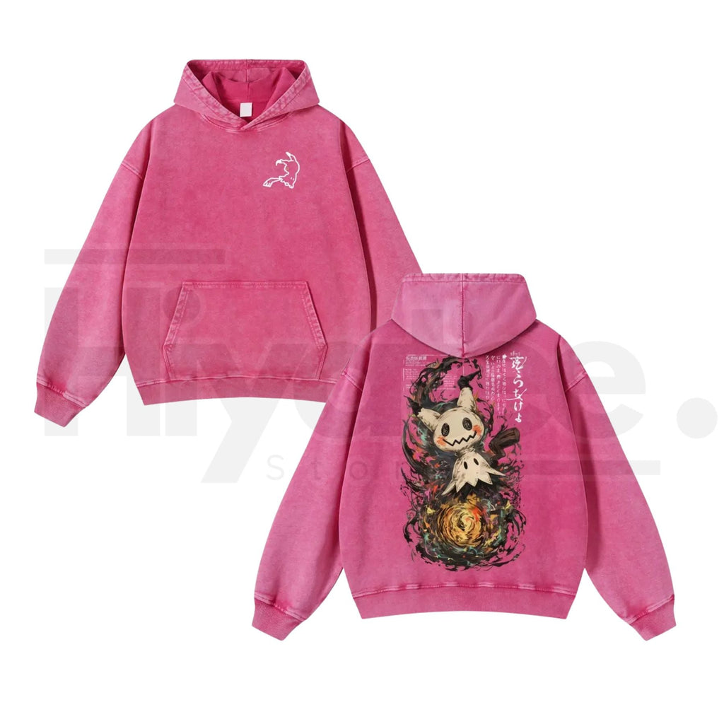 Mimikyu Japanese Ink-Wash Hoodie – Vintage Washed Yokai Graphic