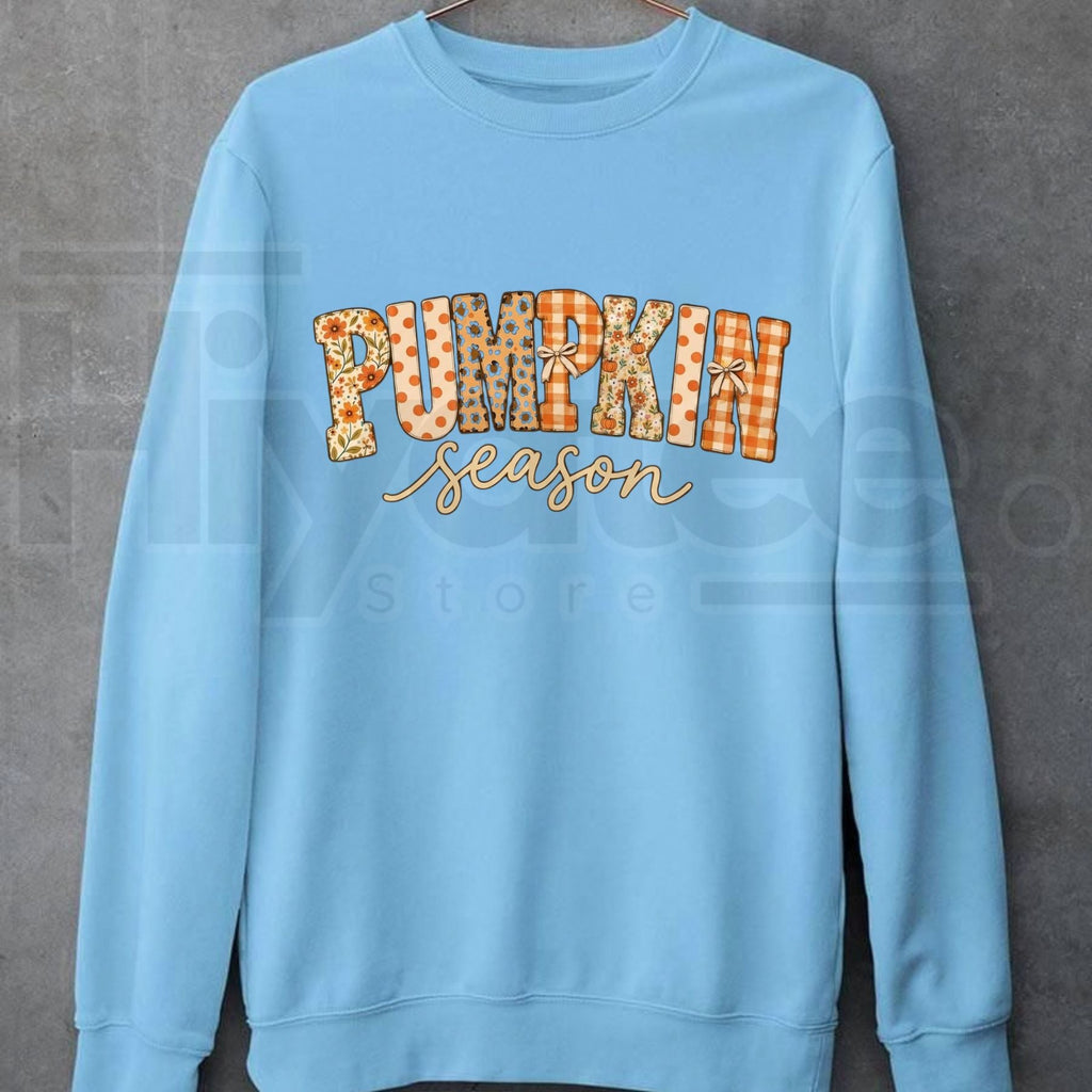 Pumpkin Season Sweatshirt – Fall Patchwork Graphic Crewneck, Cute Autumn Harvest Sweater