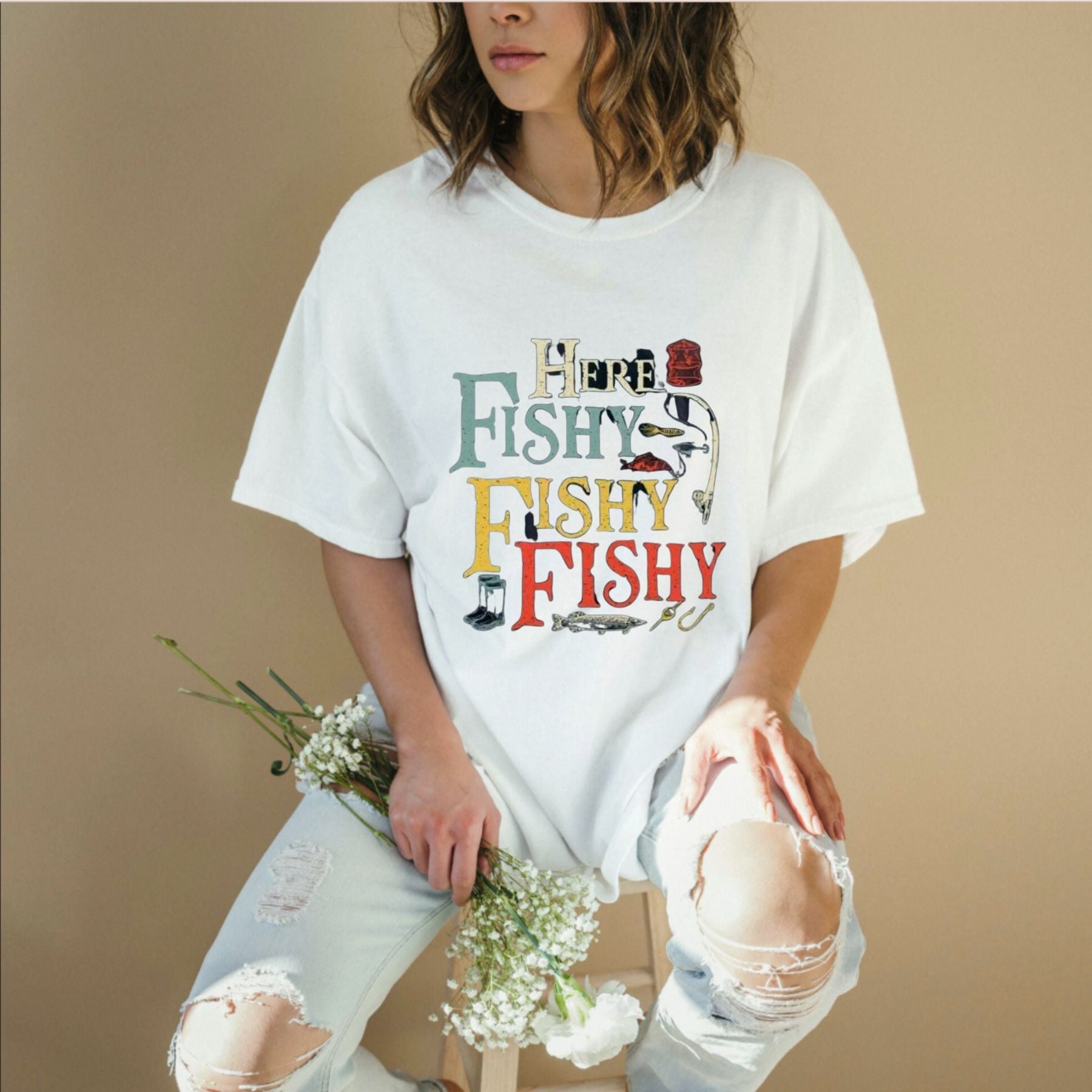 Men's "Here Fishy Fishy" T-Shirt – 100% Cotton Quick-Dry Fishing Graphic Tee 180gsm