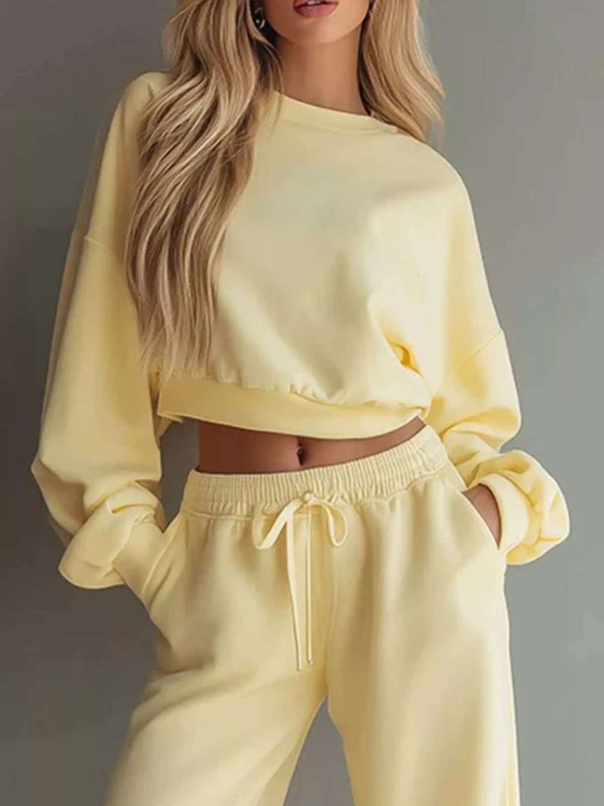 Round Neck Cropped Sweatshirt and Wide-Leg Pants