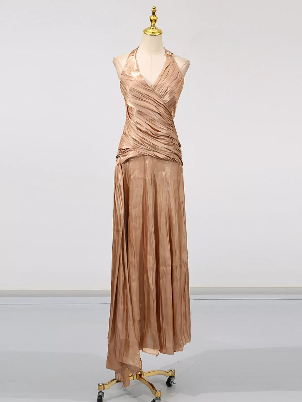 Halter Neck Ruched Maxi Dress – Champagne