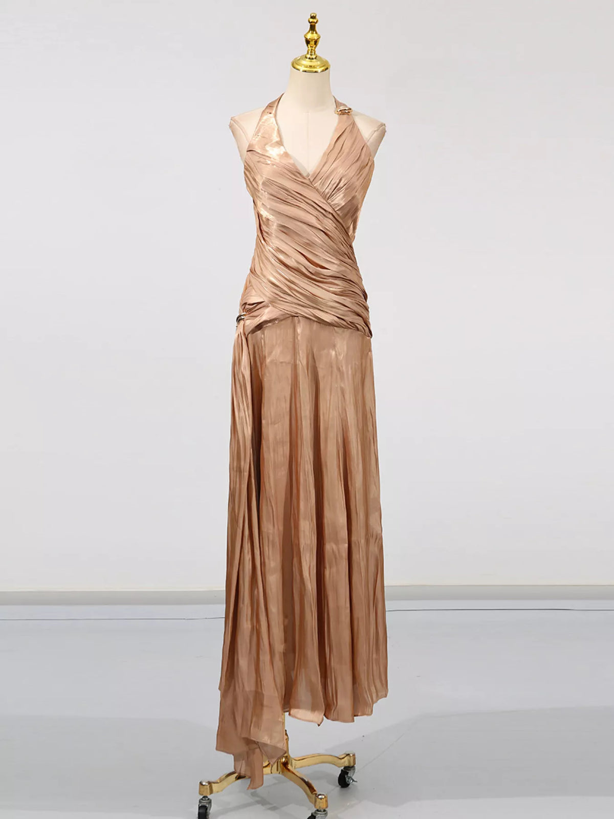 Halter Neck Ruched Maxi Dress – Champagne