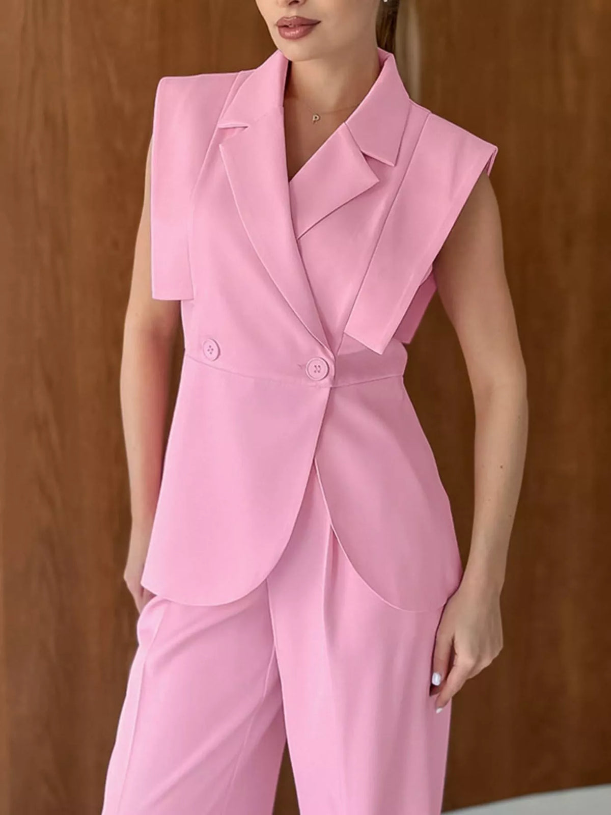 Sleeveless Blazer and Wide-Leg Pants Two-Piece Set
