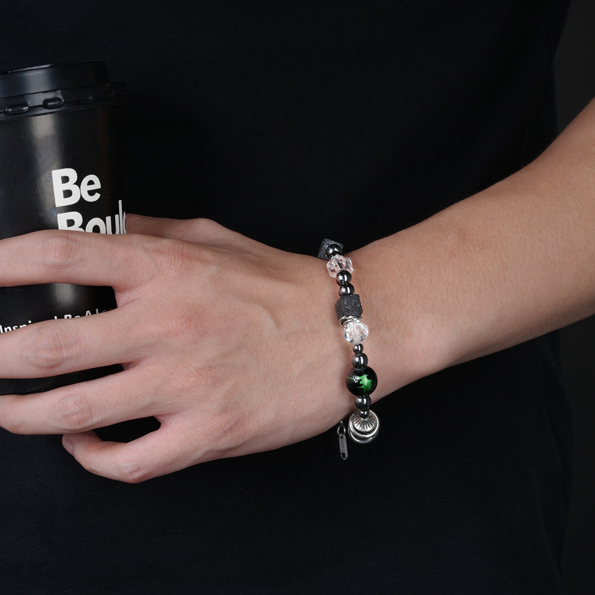 Unisex Green Crystal Lava Rock Beaded Bracelet, Men Women Fashion Commuter Versatile Niche Hip Hop Design Hand Jewelry