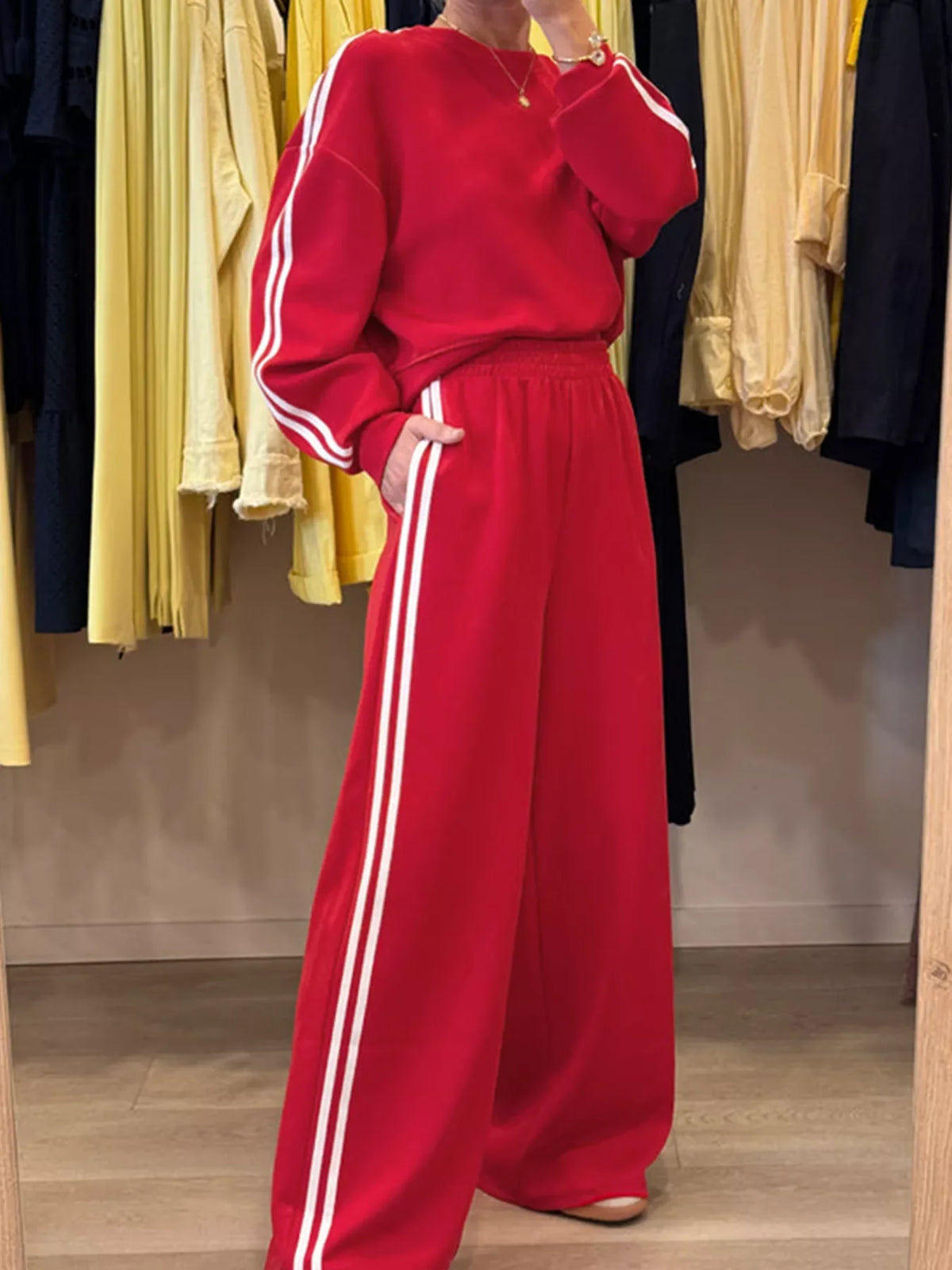 Striped Detail Crewneck Top and Elastic Sweatpants 2pcs Set