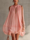 Pleated Mock Neck Sleeveless Mini Dress
