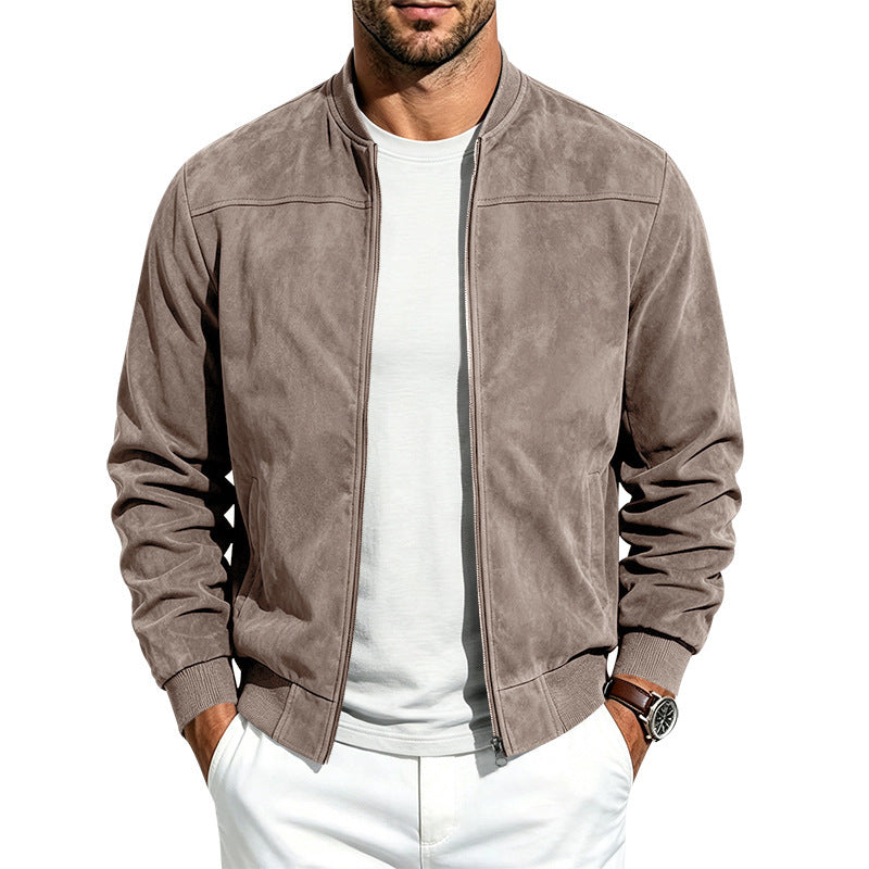 Suede Long Sleeve Zip Up Jacket Men's Casual Outerwear With Full Zip Closure