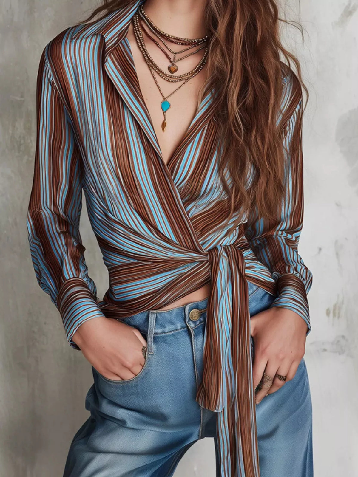 Striped Wrap Shirt with Tie-Front Detail