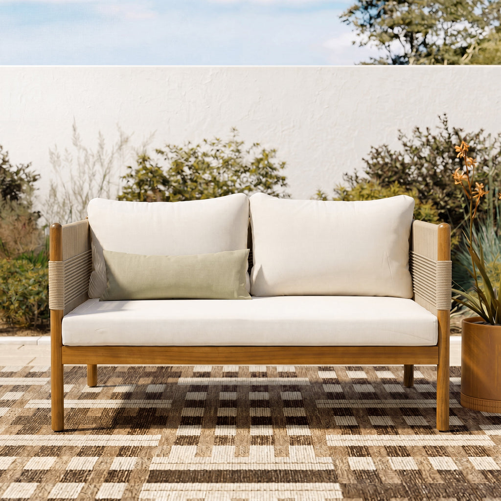 Outdoor Acacia Wood Loveseat with Diamond Rope Weave & Cushions
