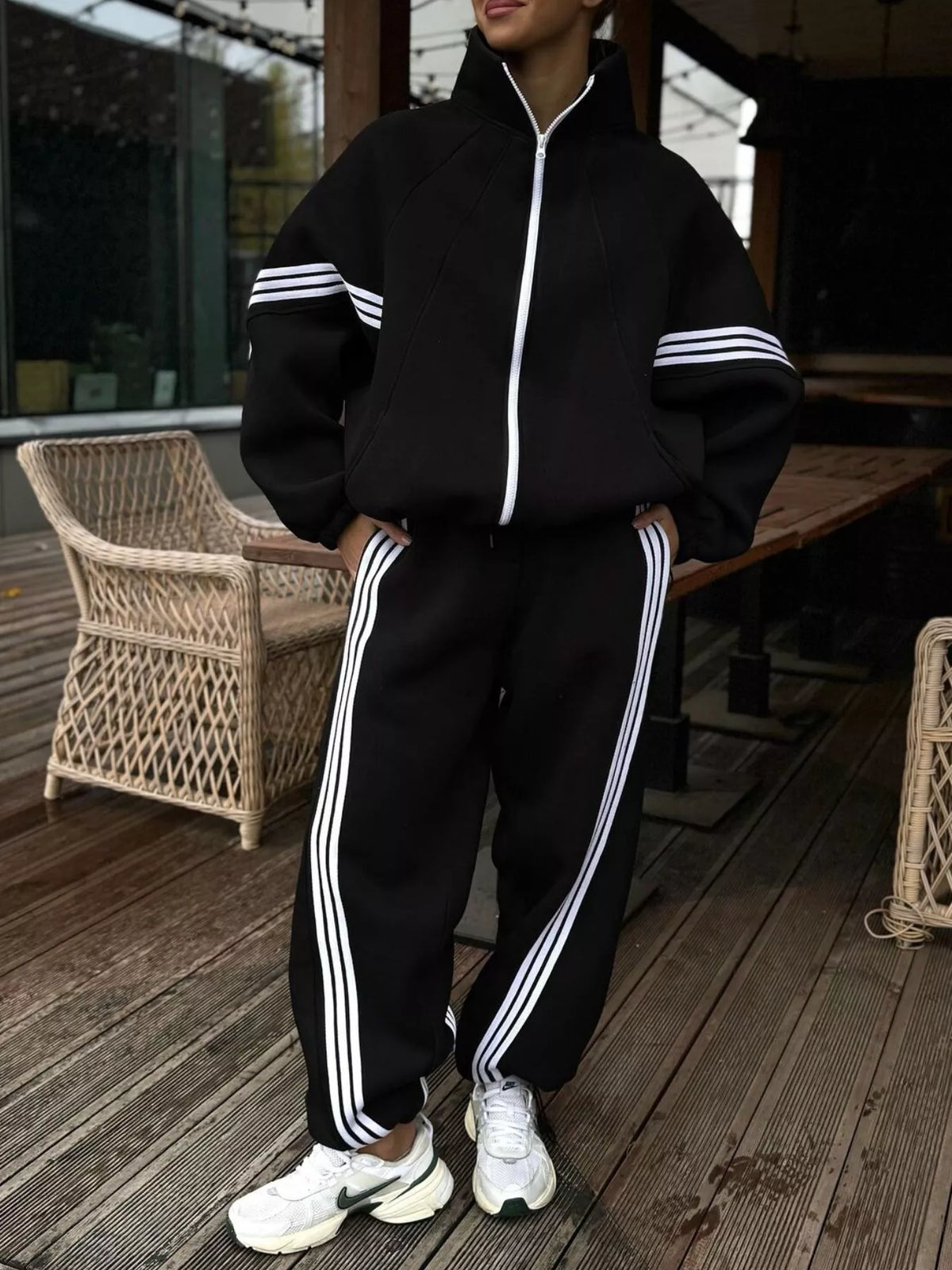 Contrast Striped Zip Up Top and Pants Set