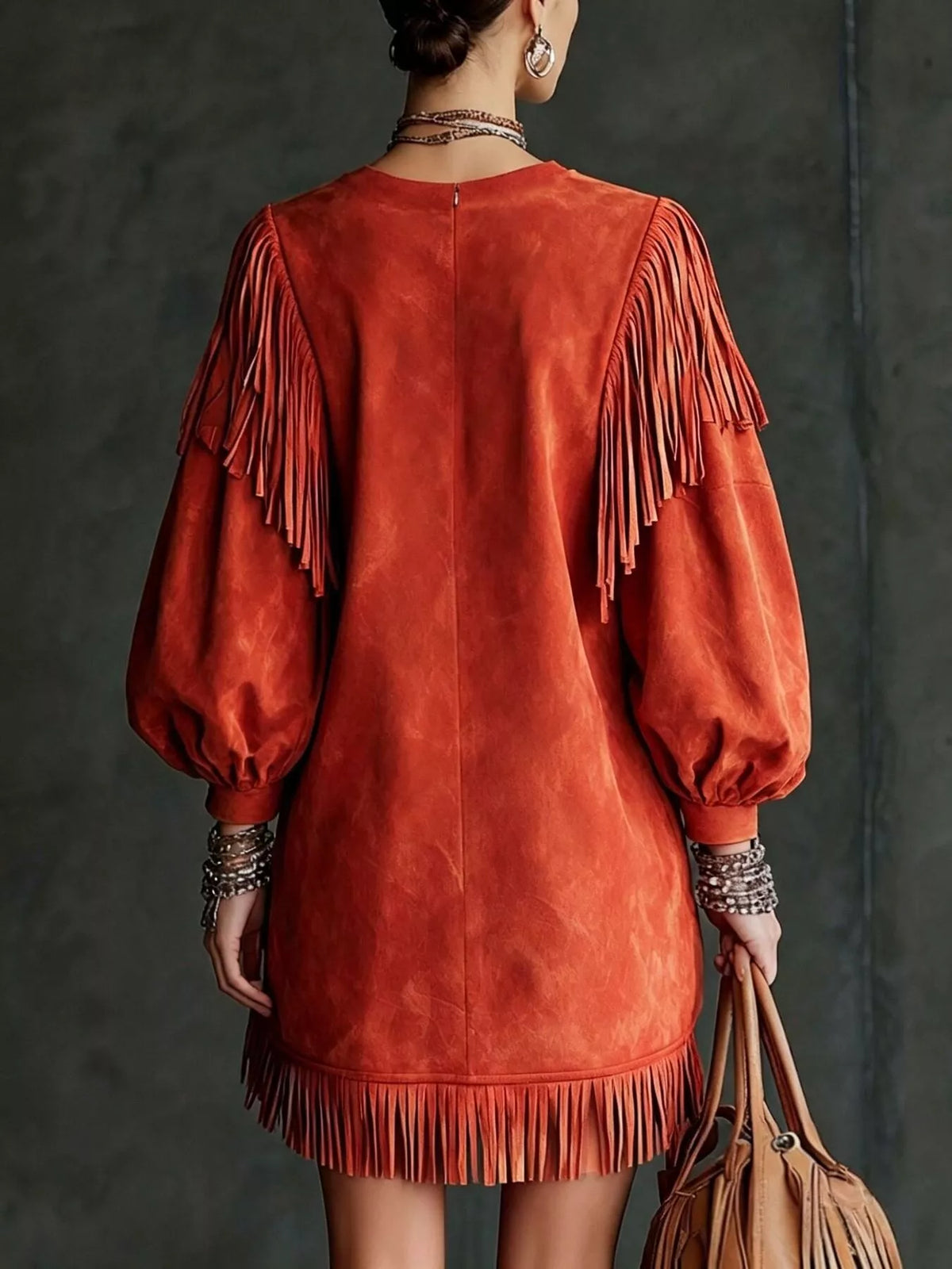 Fringe Detail Lantern Sleeve Mini Dress
