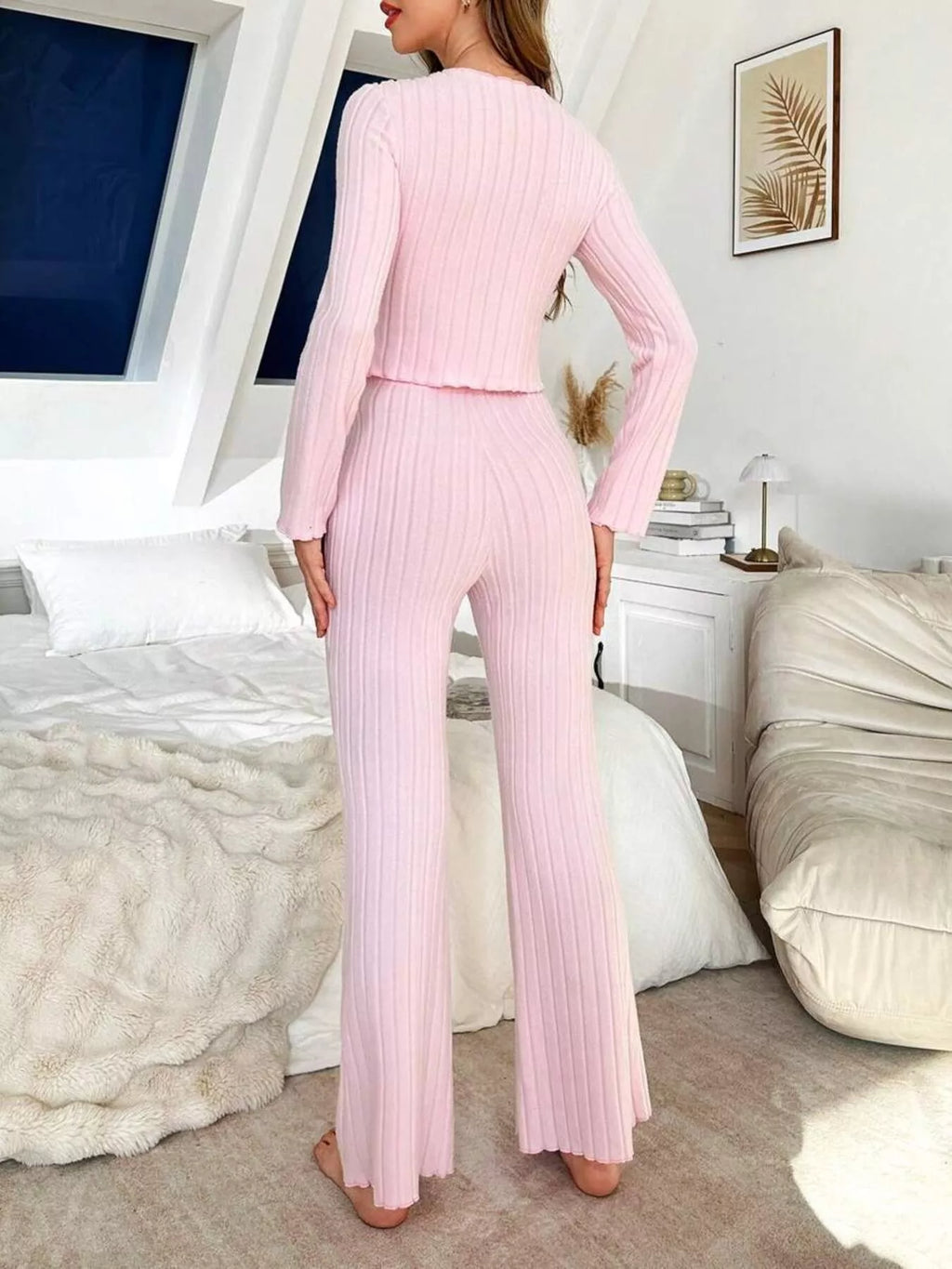 Bow Detail Ribbed Knit Top and Pants Lounge Set