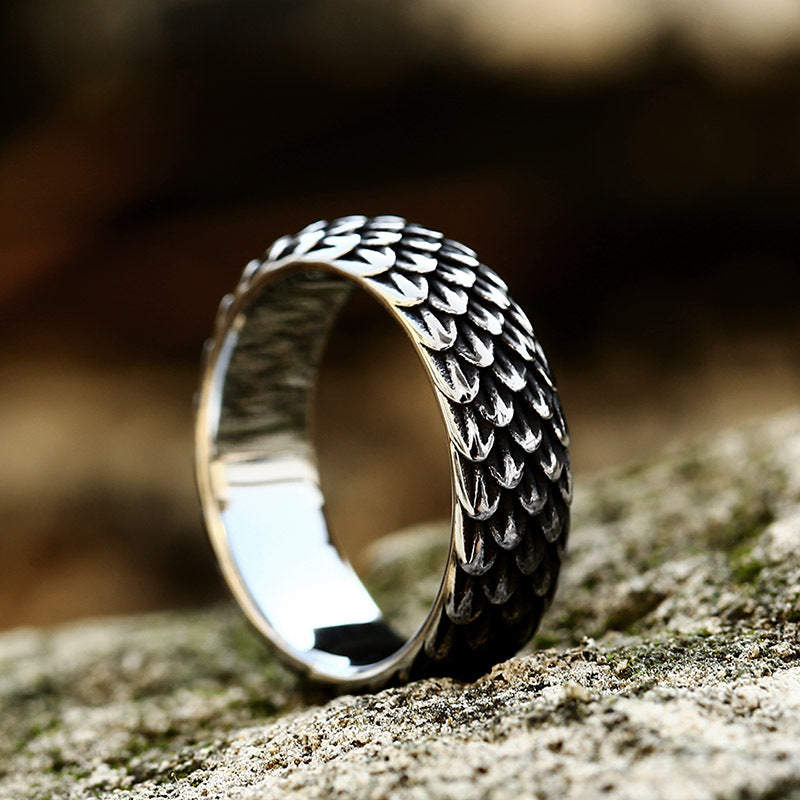 Retro Dragon Scale Stainless Steel Ring - Men's Titanium Steel Animal Jewelry Unique European American Style Band