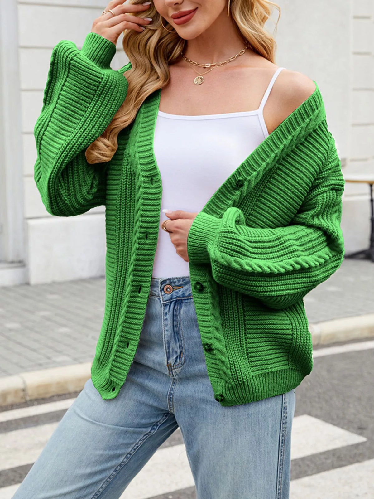 Cable Knit Button-Up Cardigan – Off-White / Black