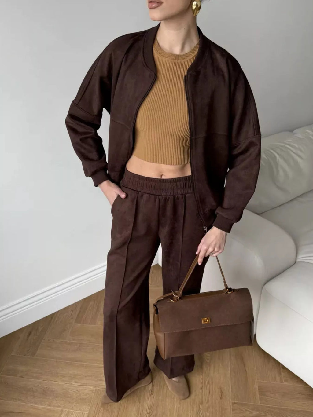 Zip Up Sweatshirt and Wide-Leg Pants Set
