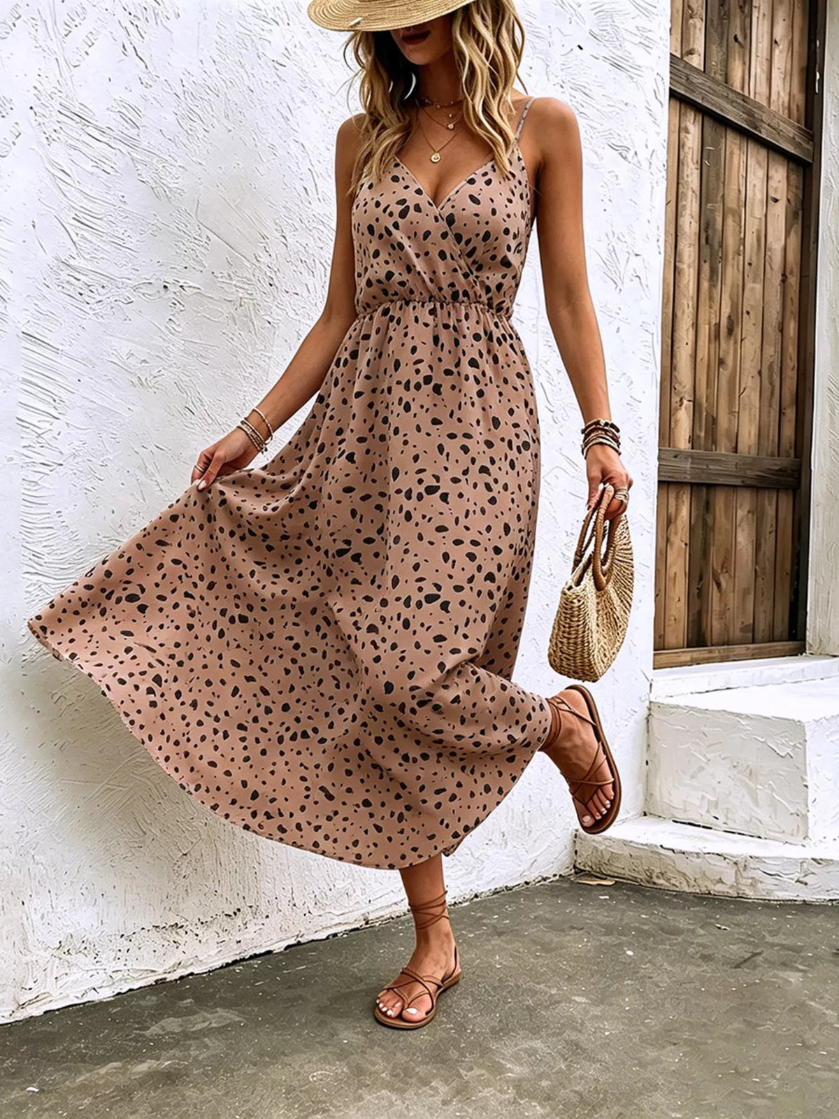 Floral Print Spaghetti Strap Midi Dress – White / Taupe