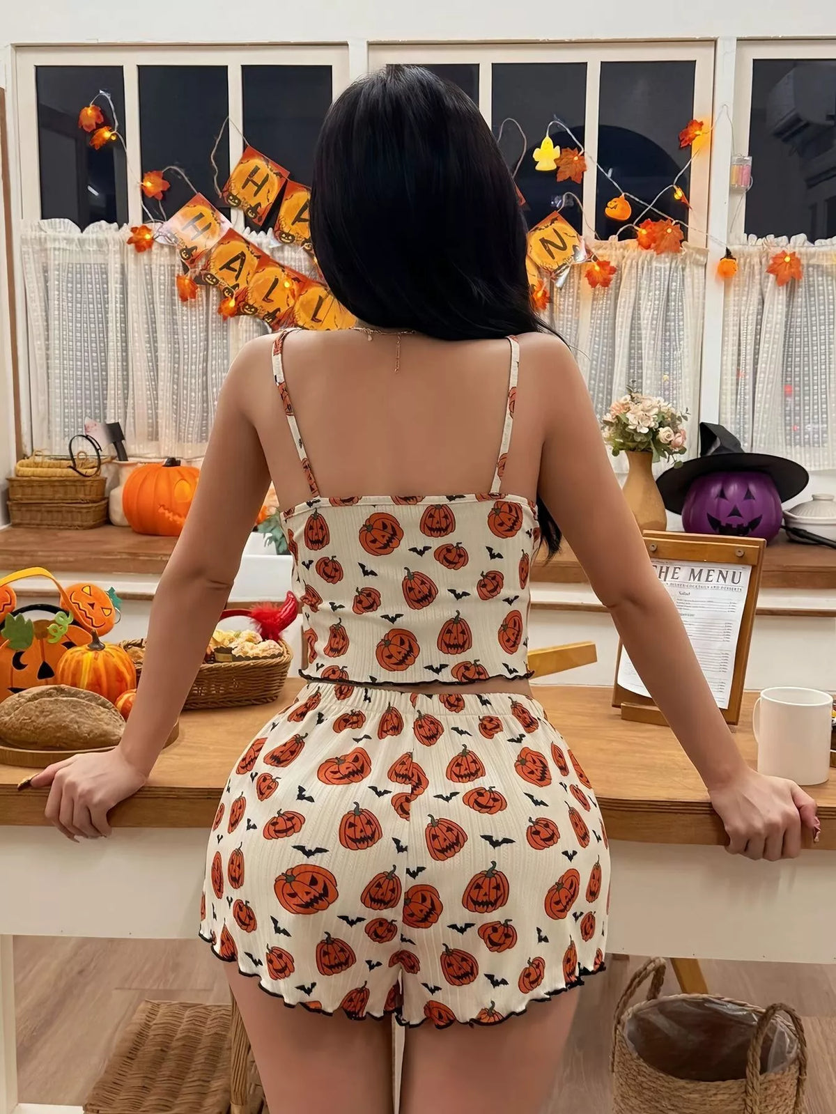 Halloween Pumpkin Print Cami and Shorts Lounge Set