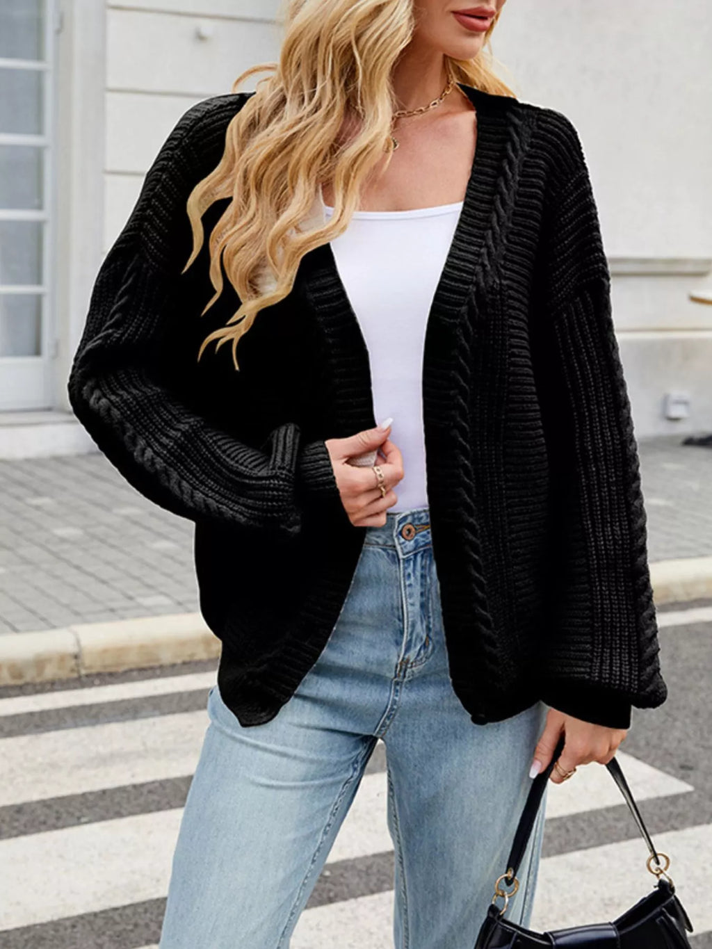 Cable Knit Button-Up Cardigan – Off-White / Black